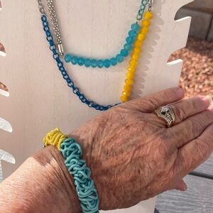 Bracelet Necklace Set Metal chain acrylic beads
Blue yellow silver 42” long